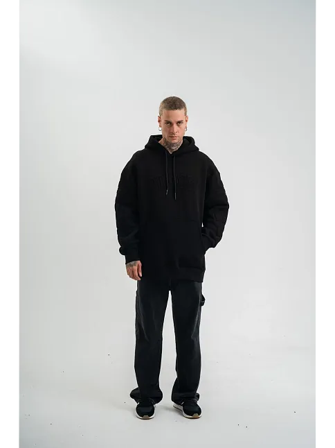 Erkek 3 İplik Pamuklu Oversize Kapüşonlu Nakışlı Hoodie Sweatshirt - Siyah