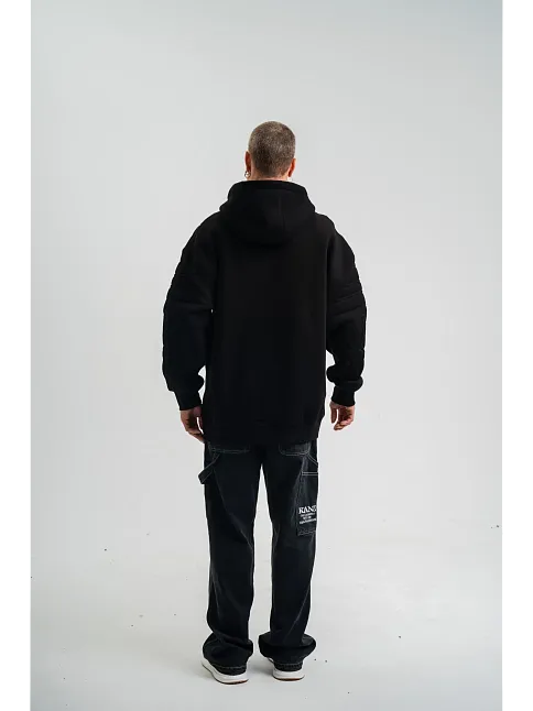Erkek 3 İplik Pamuklu Oversize Kapüşonlu Nakışlı Hoodie Sweatshirt - Siyah