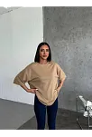 Kadın Düz T-shirt Kısa Kol Bisiklet Yaka Oversize Rahat Kalıp Günlük Tişört - Bej