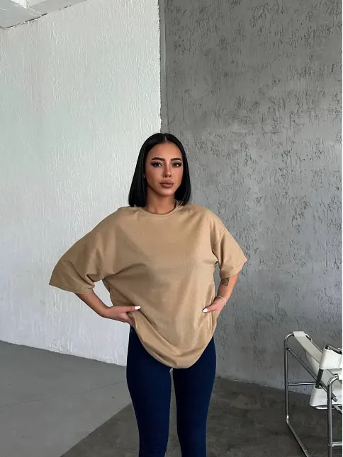 Kadın Düz T-shirt Kısa Kol Bisiklet Yaka Oversize Rahat Kalıp Günlük Tişört - Bej