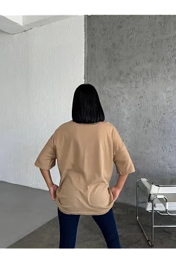 Kadın Düz T-shirt Kısa Kol Bisiklet Yaka Oversize Rahat Kalıp Günlük Tişört - Bej Kadın Düz T-shirt Kısa Kol Bisiklet Yaka Oversize Rahat Kalıp Günlük Tişört - Bej