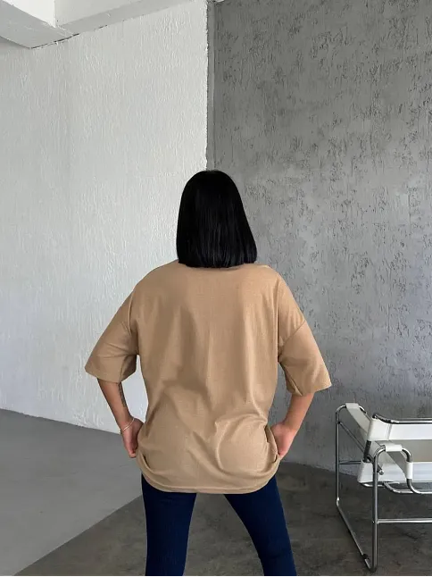 Kadın Düz T-shirt Kısa Kol Bisiklet Yaka Oversize Rahat Kalıp Günlük Tişört - Bej
