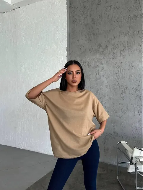 Kadın Düz T-shirt Kısa Kol Bisiklet Yaka Oversize Rahat Kalıp Günlük Tişört - Bej
