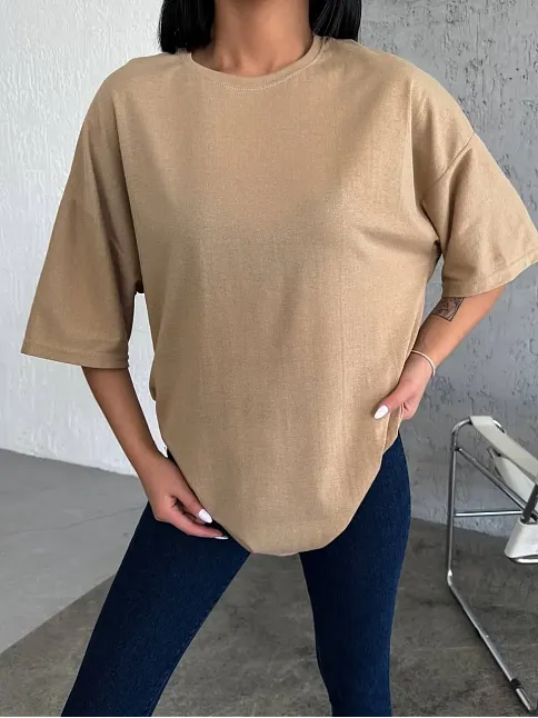 Kadın Düz T-shirt Kısa Kol Bisiklet Yaka Oversize Rahat Kalıp Günlük Tişört - Bej