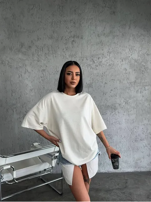 Kadın Düz T-shirt Kısa Kol Bisiklet Yaka Oversize Rahat Kalıp Günlük Tişört - Beyaz