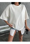 Kadın Düz T-shirt Kısa Kol Bisiklet Yaka Oversize Rahat Kalıp Günlük Tişört - Beyaz