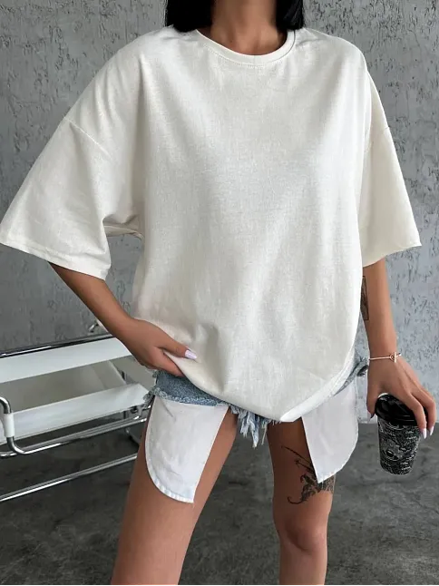Kadın Düz T-shirt Kısa Kol Bisiklet Yaka Oversize Rahat Kalıp Günlük Tişört - Beyaz
