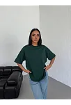 Kadın Düz T-shirt Kısa Kol Bisiklet Yaka Oversize Rahat Kalıp Günlük Tişört - Haki