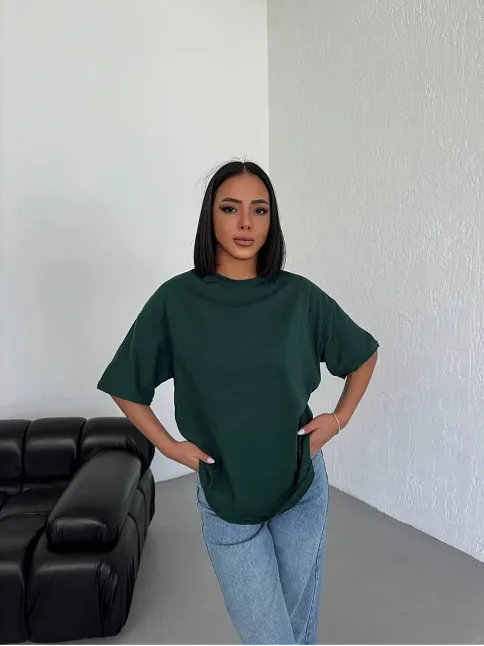 Kadın Düz T-shirt Kısa Kol Bisiklet Yaka Oversize Rahat Kalıp Günlük Tişört - Haki