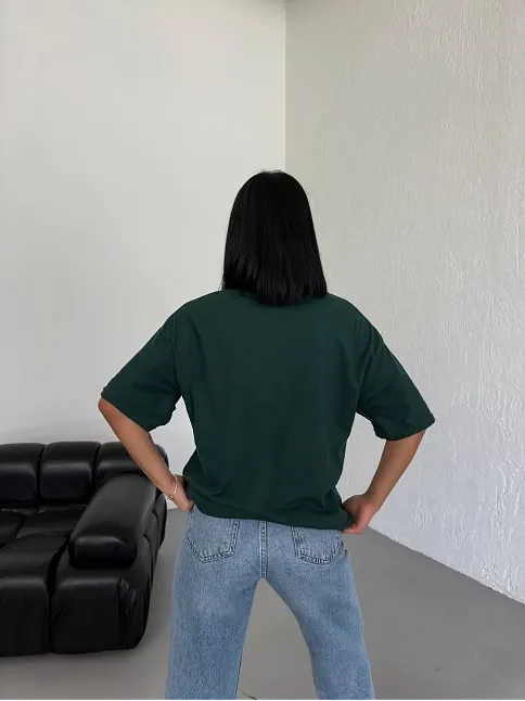 Kadın Düz T-shirt Kısa Kol Bisiklet Yaka Oversize Rahat Kalıp Günlük Tişört - Haki