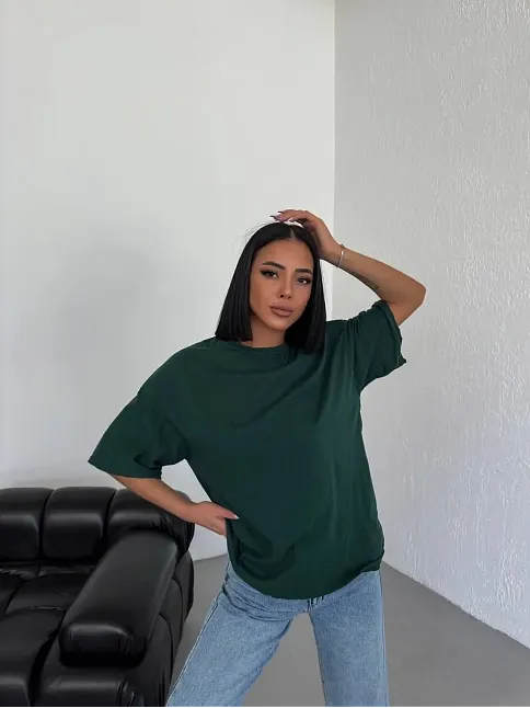 Kadın Düz T-shirt Kısa Kol Bisiklet Yaka Oversize Rahat Kalıp Günlük Tişört - Haki