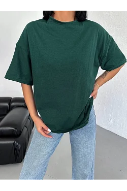 Kadın Düz T-shirt Kısa Kol Bisiklet Yaka Oversize Rahat Kalıp Günlük Tişört - Haki