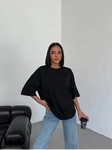 Kadın Düz T-shirt Kısa Kol Bisiklet Yaka Oversize Tişört - Siyah