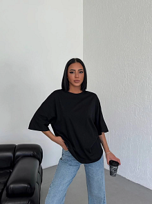 Kadın Düz T-shirt Kısa Kol Bisiklet Yaka Oversize Tişört - Siyah