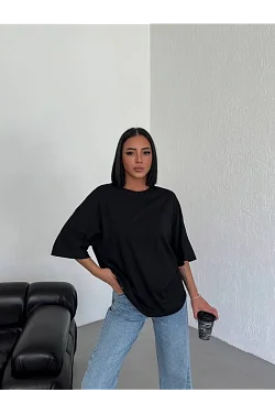 Kadın Düz T-shirt Kısa Kol Bisiklet Yaka Oversize Tişört - Siyah Kadın Düz T-shirt Kısa Kol Bisiklet Yaka Oversize Tişört - Siyah