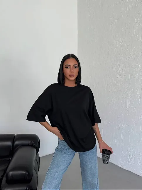 Kadın Düz T-shirt Kısa Kol Bisiklet Yaka Oversize Tişört - Siyah