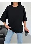 Kadın Düz T-shirt Kısa Kol Bisiklet Yaka Oversize Tişört - Siyah