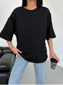 Kadın Düz T-shirt Kısa Kol Bisiklet Yaka Oversize Tişört - Siyah