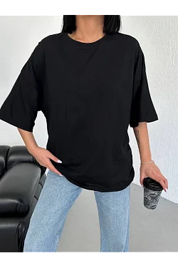 Kadın Düz T-shirt Kısa Kol Bisiklet Yaka Oversize Tişört - Siyah
