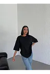 Kadın Düz T-shirt Kısa Kol Bisiklet Yaka Oversize Tişört - Siyah