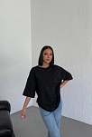 Kadın Düz T-shirt Kısa Kol Bisiklet Yaka Oversize Tişört - Siyah