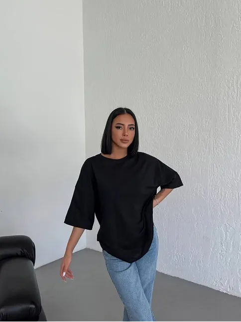 Kadın Düz T-shirt Kısa Kol Bisiklet Yaka Oversize Tişört - Siyah