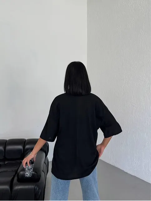 Kadın Düz T-shirt Kısa Kol Bisiklet Yaka Oversize Tişört - Siyah