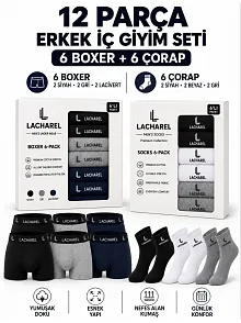 Erkek 12'li İç Giyim Seti Pamuklu 6 Boxer 6 Çorap Çoklu Paket - Siyah - Lacivert - Gri - Beyaz