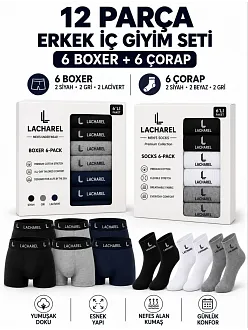 Erkek 12'li İç Giyim Seti Pamuklu 6 Boxer 6 Çorap Çoklu Paket - Siyah - Lacivert - Gri - Beyaz