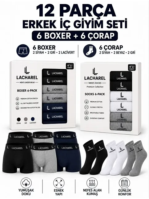 Erkek 12'li İç Giyim Seti Pamuklu 6 Boxer 6 Çorap Çoklu Paket - Siyah - Lacivert - Gri - Beyaz