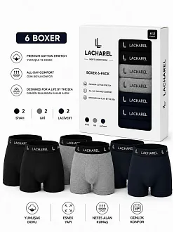 Erkek 12'li İç Giyim Seti Pamuklu 6 Boxer 6 Çorap Çoklu Paket - Siyah - Lacivert - Gri - Beyaz