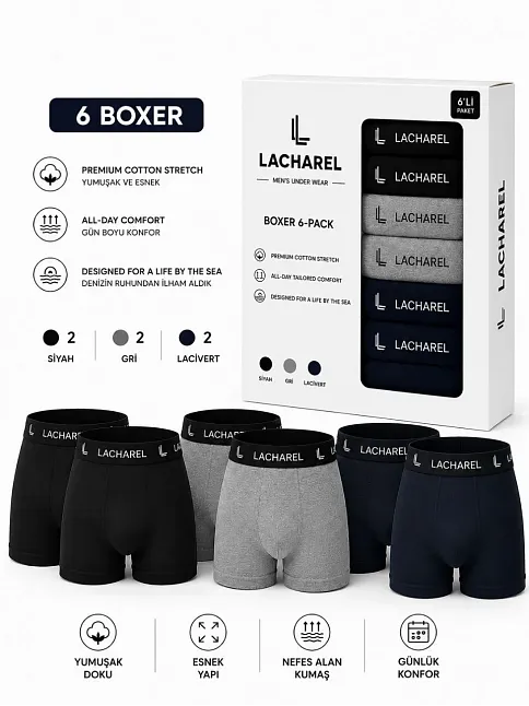 Erkek 12'li İç Giyim Seti Pamuklu 6 Boxer 6 Çorap Çoklu Paket - Siyah - Lacivert - Gri - Beyaz