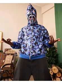 Unisex 2 İplik Bape Kapüşonu Fermuarlı Hırka - Mavi