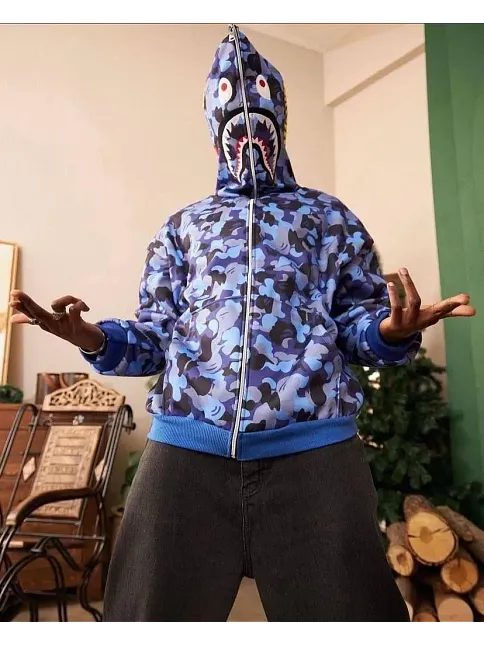 Unisex 2 İplik Bape Kapüşonu Fermuarlı Hırka - Mavi