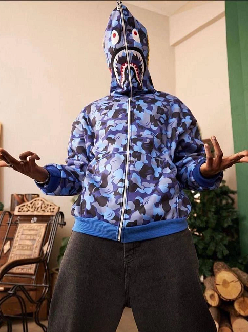Erkek 2 İplik Bape Kapüşonu Fermuarlı Hırka - Mavi