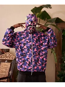 Unisex 2 İplik Bape Kapüşonu Fermuarlı Hırka - Mor