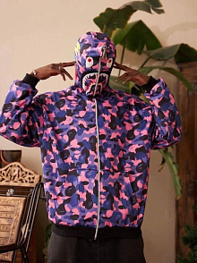 Erkek 2 İplik Bape Kapüşonu Fermuarlı Hırka - Mor