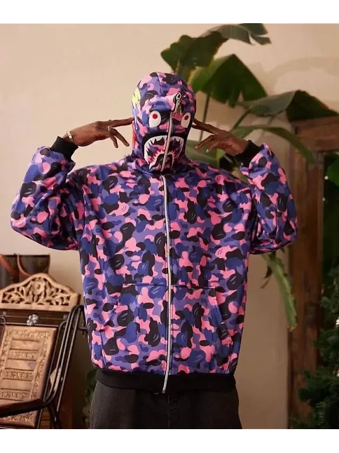 Unisex 2 İplik Bape Kapüşonu Fermuarlı Hırka - Mor