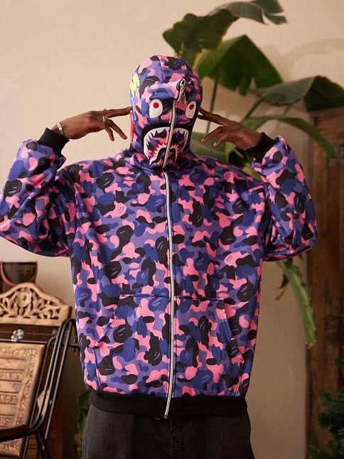 Erkek 2 İplik Bape Kapüşonu Fermuarlı Hırka - Mor