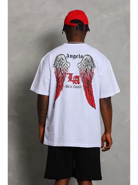 Erkek Kısa Kol Tişört Bisiklet Yaka Kanat Baskılı Oversize T-shirt - Beyaz