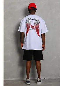 Erkek Kısa Kol Tişört Bisiklet Yaka Kanat Baskılı Oversize T-shirt - Beyaz