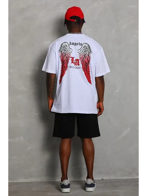 Erkek Kısa Kol Tişört Bisiklet Yaka Kanat Baskılı Oversize T-shirt - Beyaz