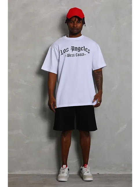 Erkek Kısa Kol Tişört Bisiklet Yaka Kanat Baskılı Oversize T-shirt - Beyaz