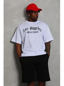 Erkek Kısa Kol Tişört Bisiklet Yaka Kanat Baskılı Oversize T-shirt - Beyaz