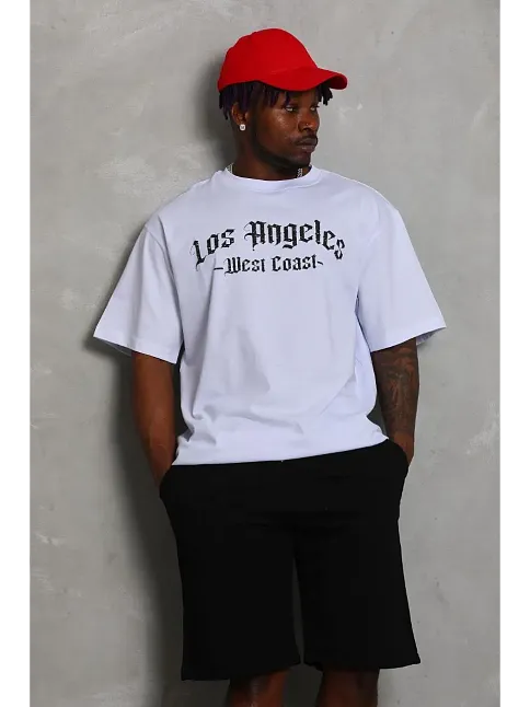Erkek Kısa Kol Tişört Bisiklet Yaka Kanat Baskılı Oversize T-shirt - Beyaz