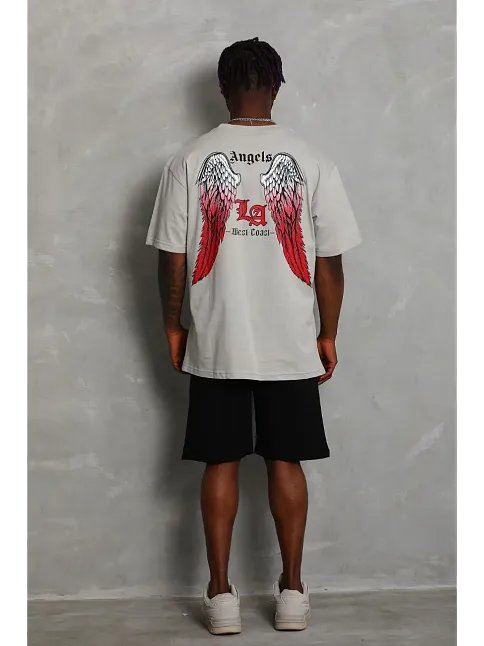 Erkek Baskılı Tişört Kısa Kol Bisiklet Yaka Oversize T-shirt - Gri