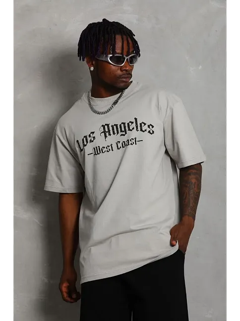 Erkek Baskılı Tişört Kısa Kol Bisiklet Yaka Oversize T-shirt - Gri