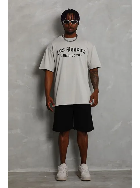 Erkek Baskılı Tişört Kısa Kol Bisiklet Yaka Oversize T-shirt - Gri