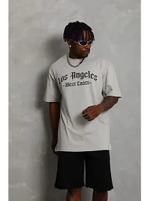 Erkek Baskılı Tişört Kısa Kol Bisiklet Yaka Oversize T-shirt - Gri