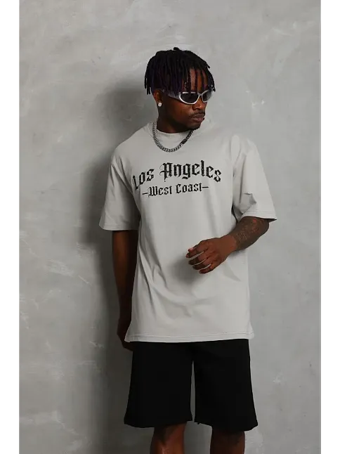 Erkek Baskılı Tişört Kısa Kol Bisiklet Yaka Oversize T-shirt - Gri